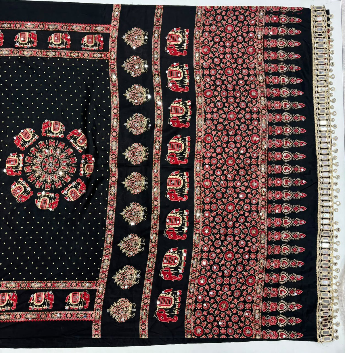 Glamorous Function Wear Satin Silk Ajrak Print Rich Pallu n Mirror Work Fancy Designer Saree With Blouse Piece