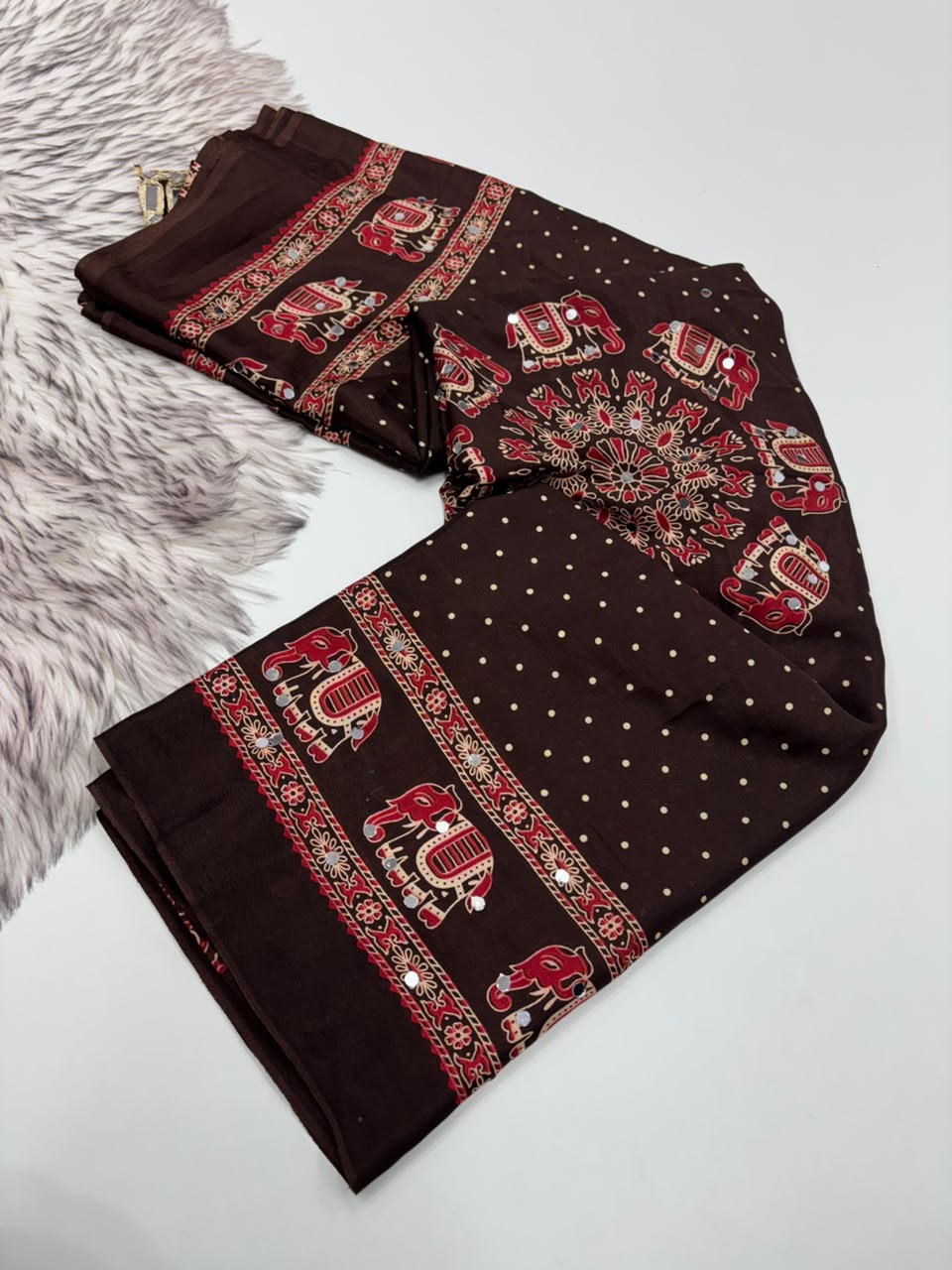 Glamorous Function Wear Satin Silk Ajrak Print Rich Pallu n Mirror Work Fancy Designer Saree With Blouse Piece