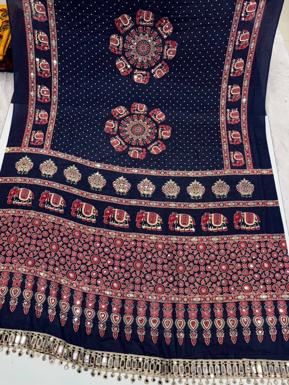 Glamorous Function Wear Satin Silk Ajrak Print Rich Pallu n Mirror Work Fancy Designer Saree With Blouse Piece