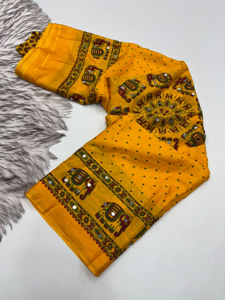 Glamorous Function Wear Satin Silk Ajrak Print Rich Pallu n Mirror Work Fancy Designer Saree With Blouse Piece