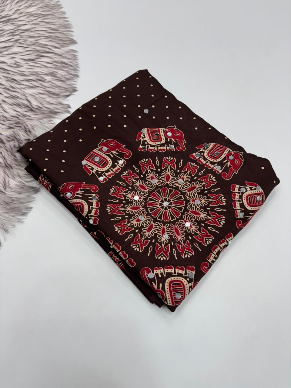 Glamorous Function Wear Satin Silk Ajrak Print Rich Pallu n Mirror Work Fancy Designer Saree With Blouse Piece