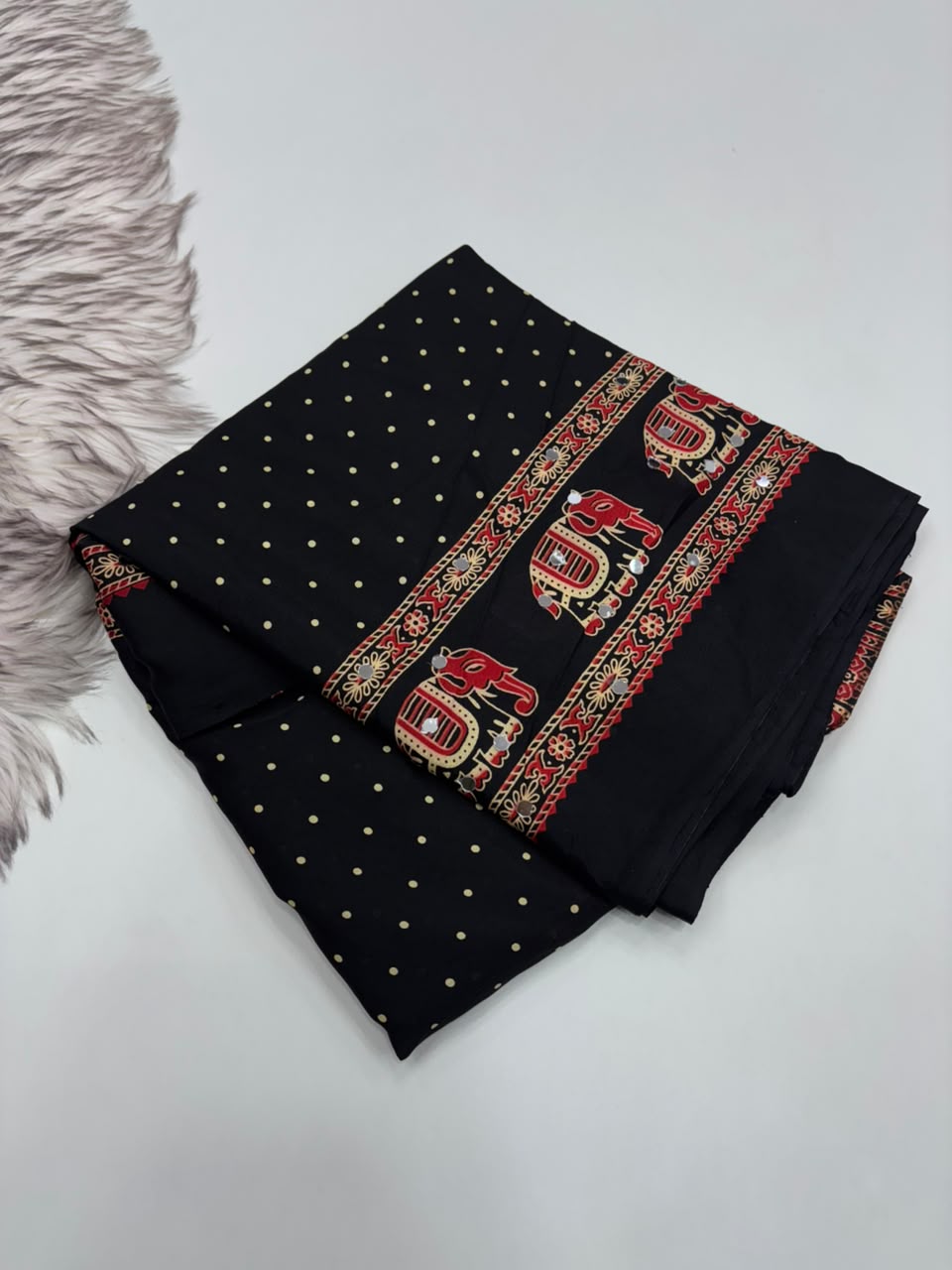 Glamorous Function Wear Satin Silk Ajrak Print Rich Pallu n Mirror Work Fancy Designer Saree With Blouse Piece