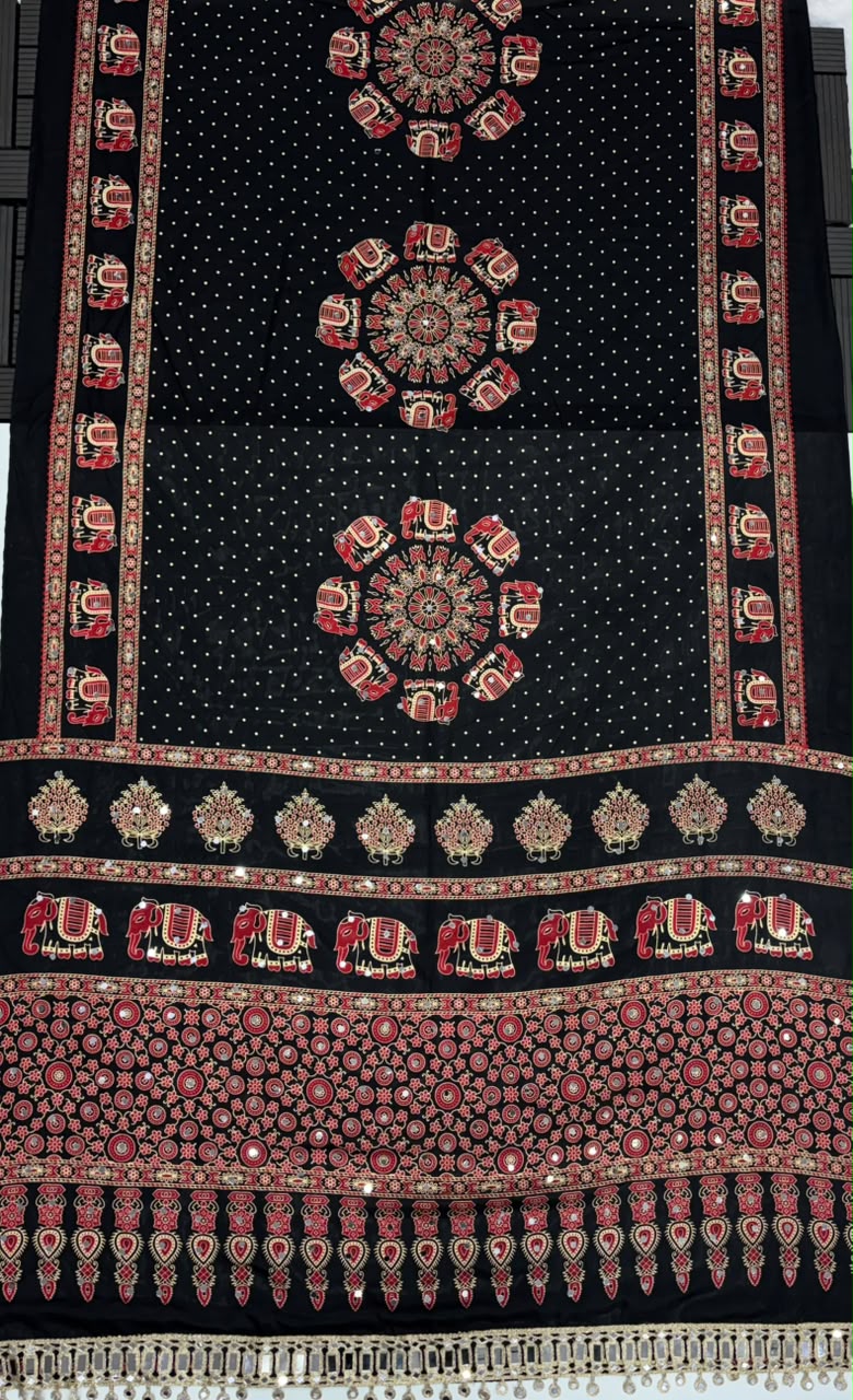 Glamorous Function Wear Satin Silk Ajrak Print Rich Pallu n Mirror Work Fancy Designer Saree With Blouse Piece