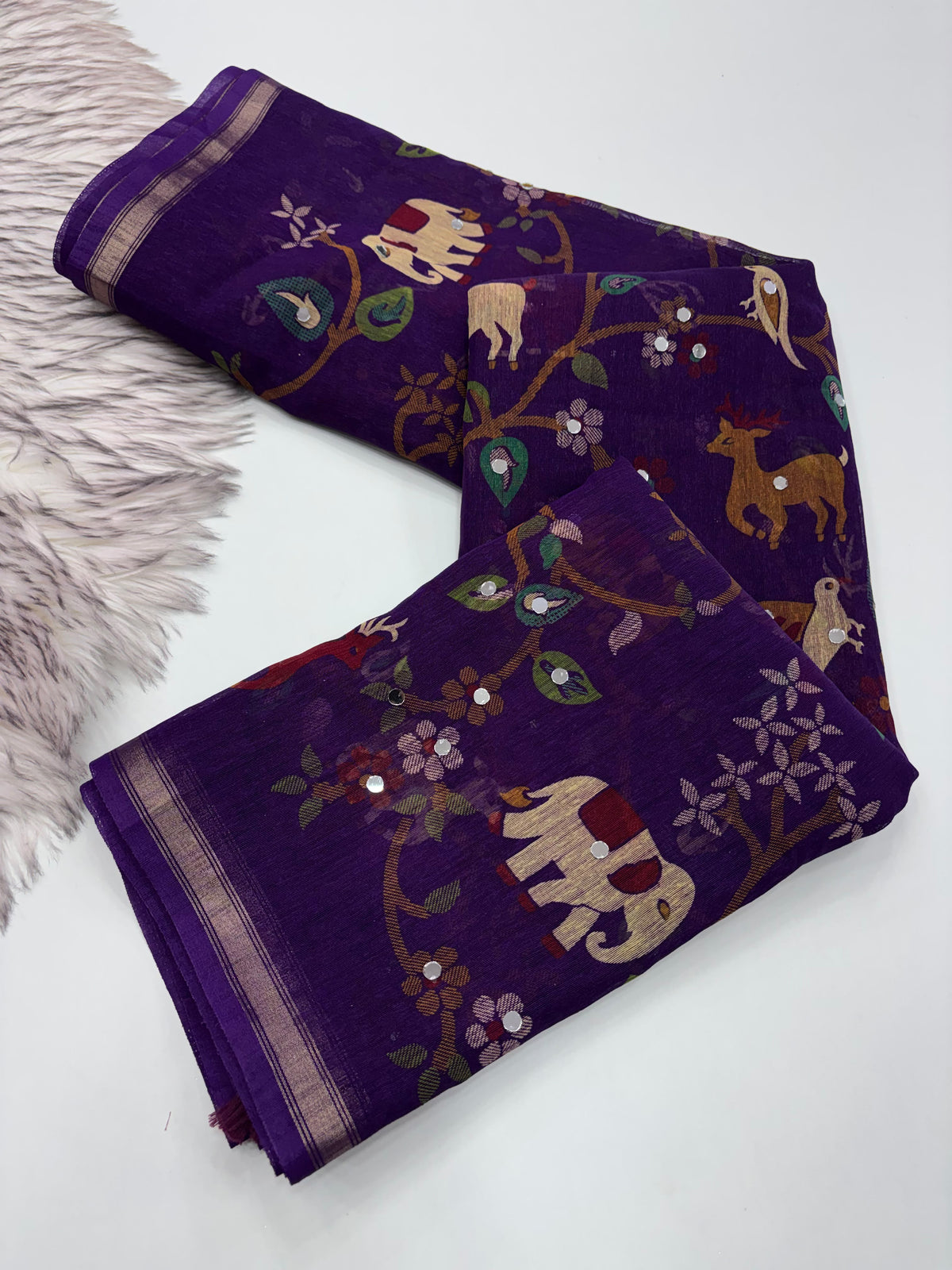 Splendiferous Festive Wear Soft Cotton Silk Print n Mirror Work Designer Saree