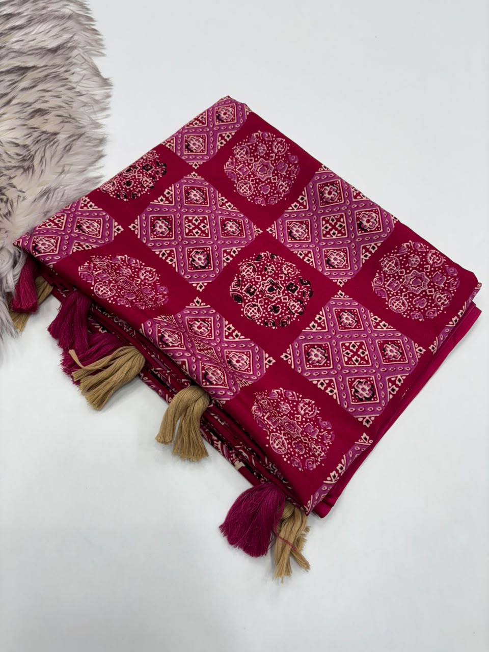 Admirable Festive Wear Silk Ajrak Printed Rich Pallu n Tussel Work Fancy Saree With Blouse Piece