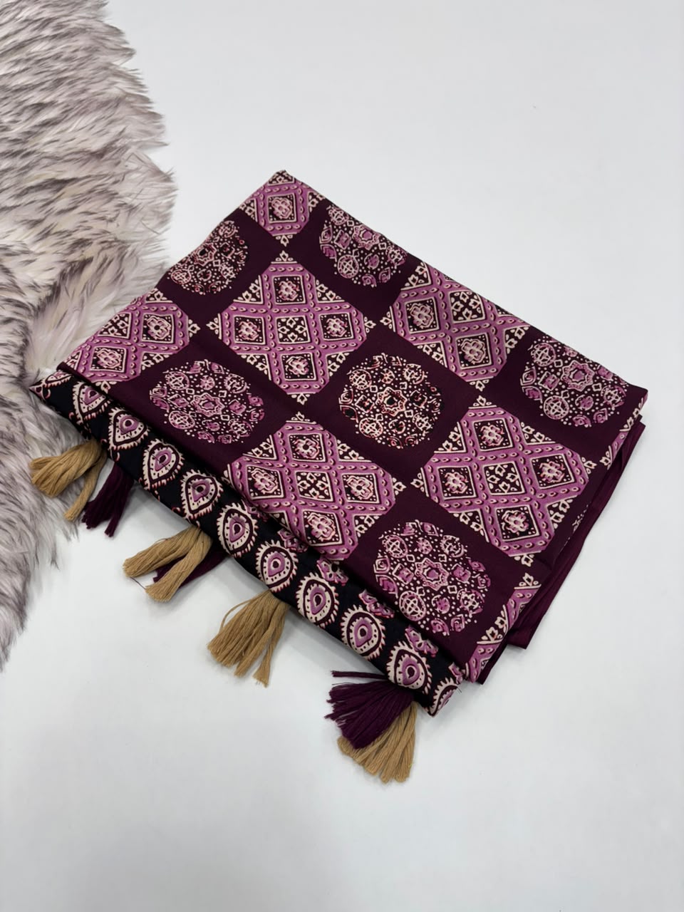 Admirable Festive Wear Silk Ajrak Printed Rich Pallu n Tussel Work Fancy Saree With Blouse Piece