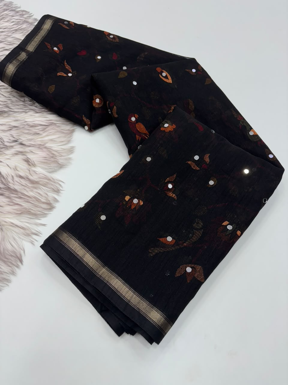 Artisanal Festive Wear Soft Cotton Silk Print Rich Pallu n Mirror Work Fancy Designer Saree With Blouse Piece