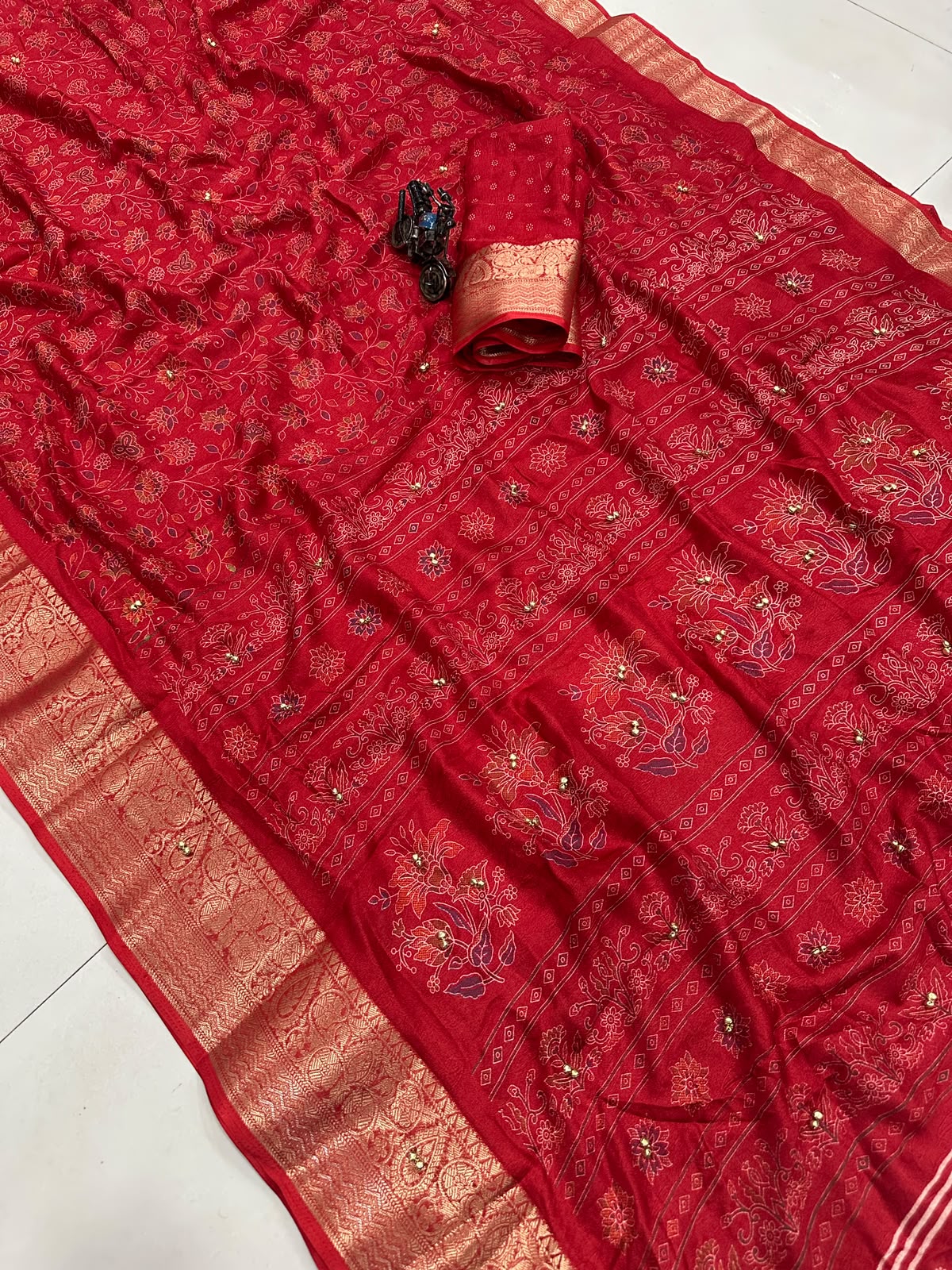 Marvellous Function Wear Silk Ajrak Print Rich Pallu n Ghungroo Work Saree With Blouse Piece