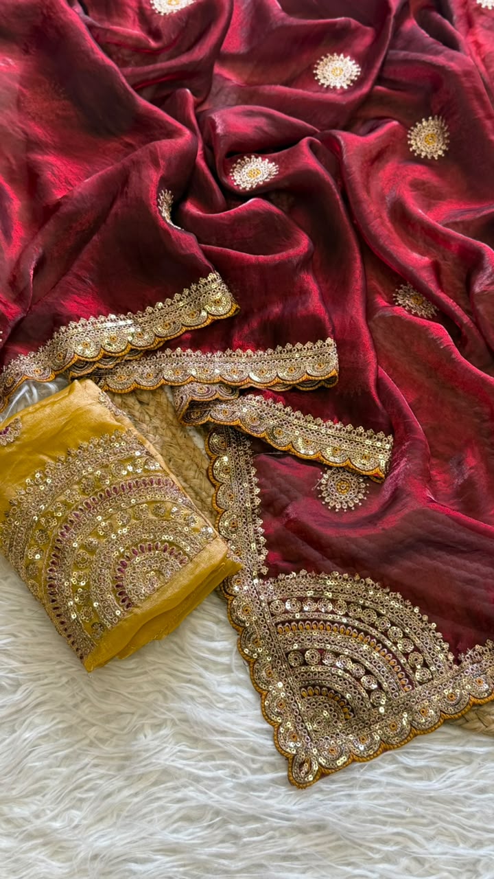 Captivating Wedding Wear Pure Silk Embroidery Sequence n Multi Thread Work Fancy Saree With Contrast Blouse Piece