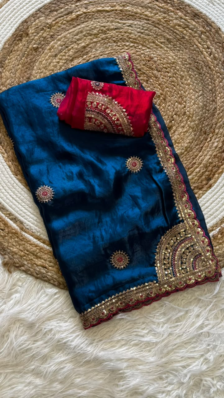 Captivating Wedding Wear Pure Silk Embroidery Sequence n Multi Thread Work Fancy Saree With Contrast Blouse Piece