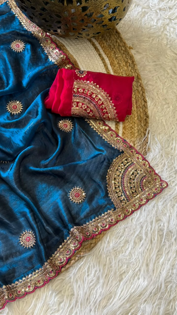 Captivating Wedding Wear Pure Silk Embroidery Sequence n Multi Thread Work Fancy Saree With Contrast Blouse Piece