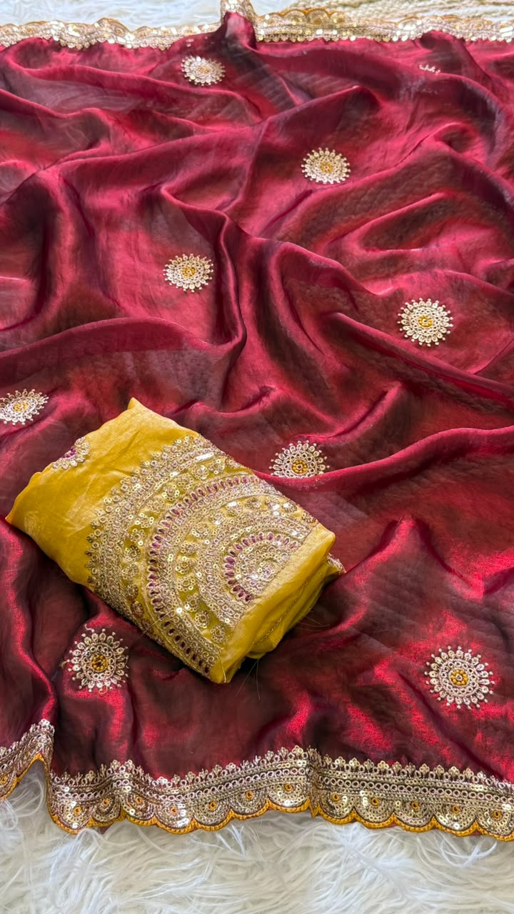 Captivating Wedding Wear Pure Silk Embroidery Sequence n Multi Thread Work Fancy Saree With Contrast Blouse Piece