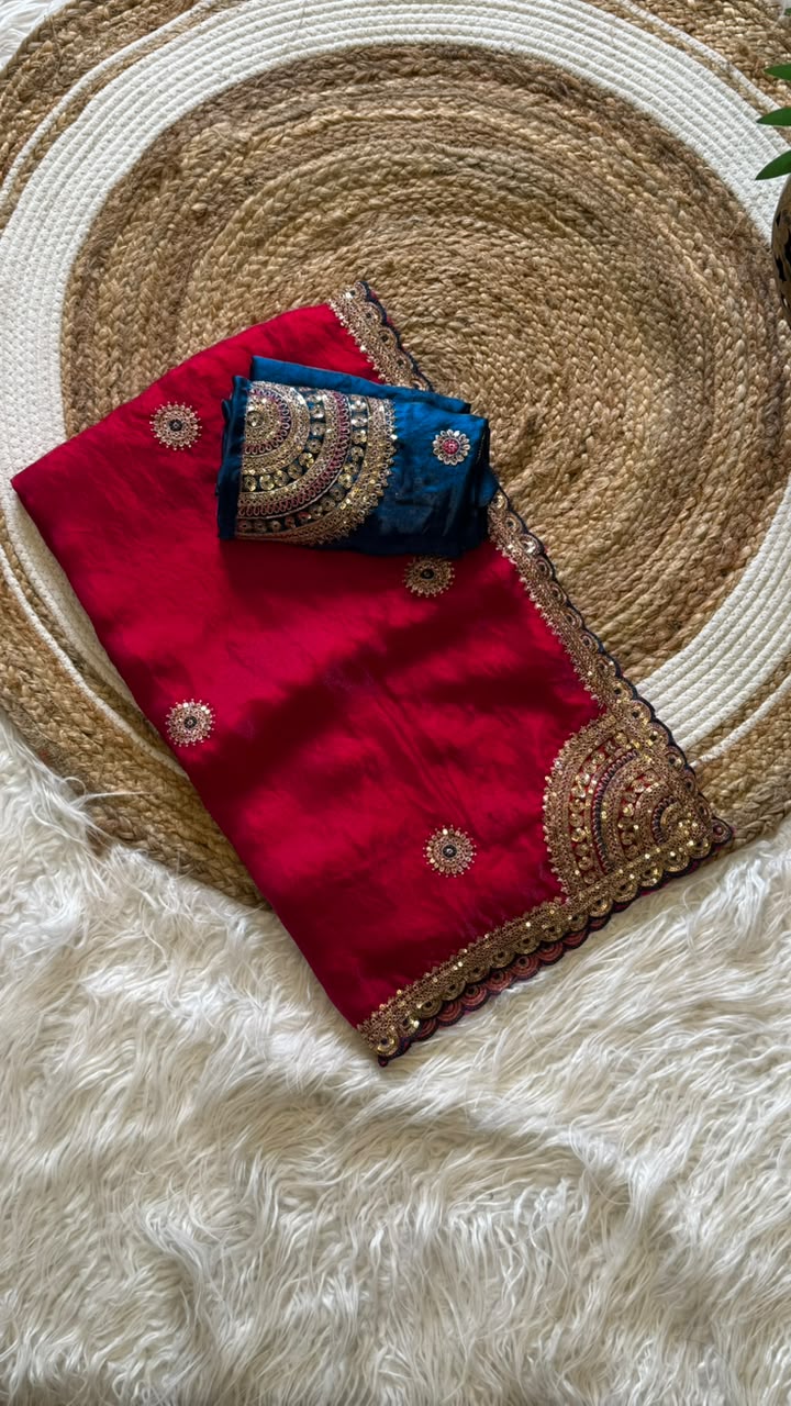 Captivating Wedding Wear Pure Silk Embroidery Sequence n Multi Thread Work Fancy Saree With Contrast Blouse Piece