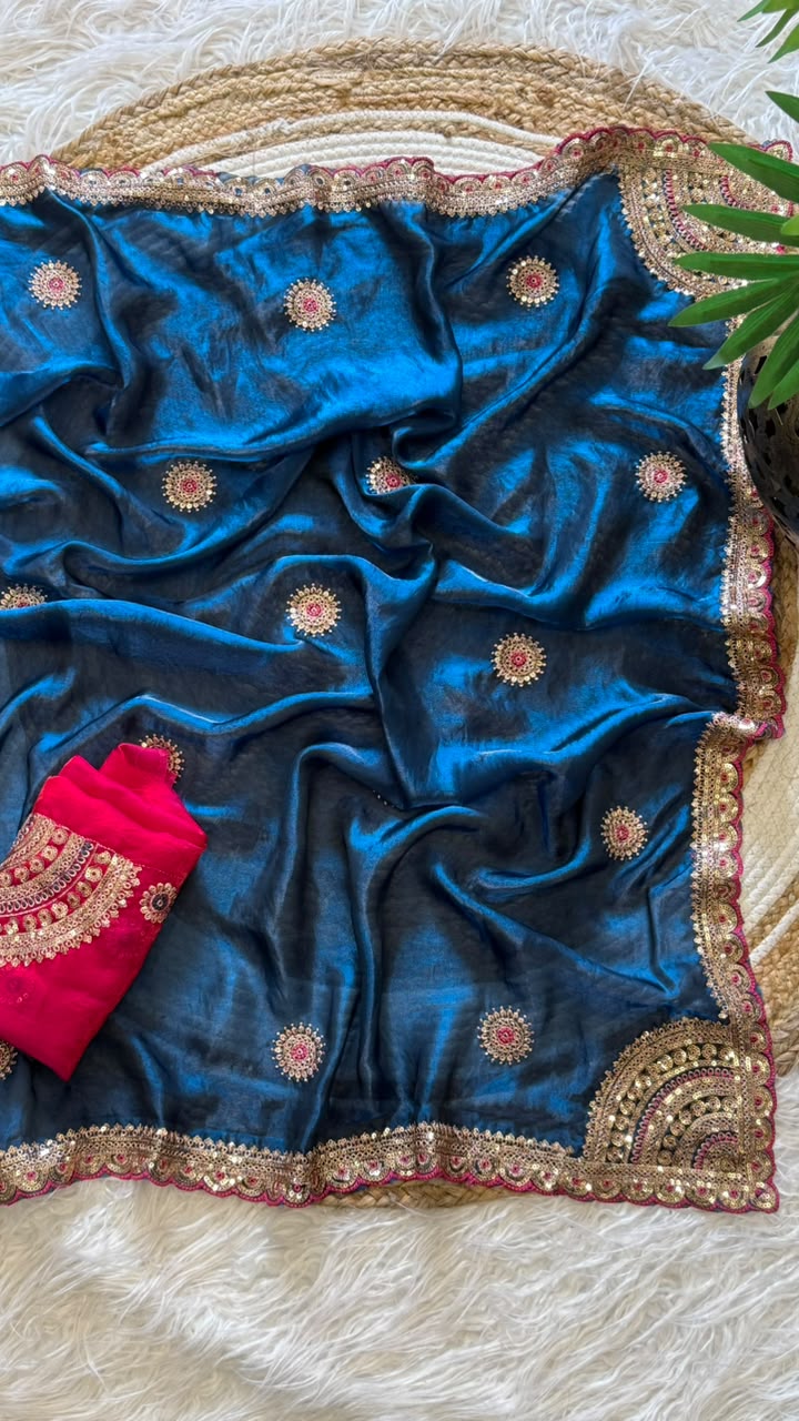 Captivating Wedding Wear Pure Silk Embroidery Sequence n Multi Thread Work Fancy Saree With Contrast Blouse Piece