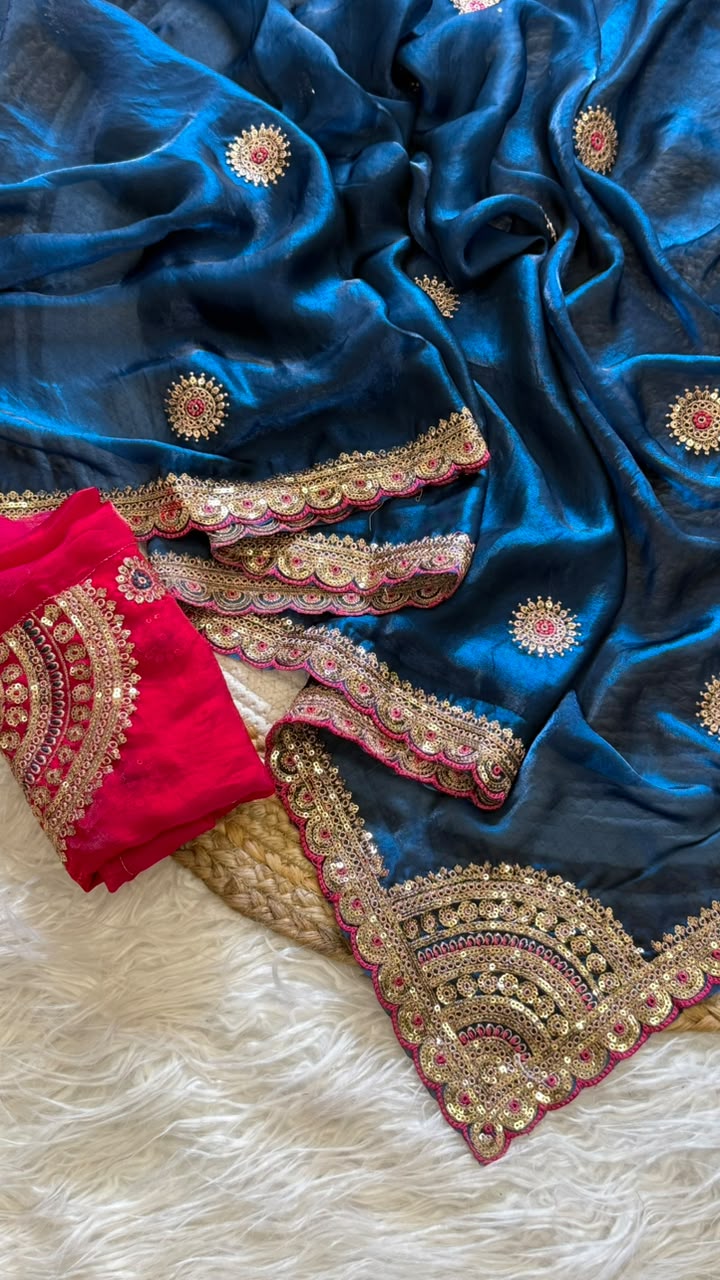 Captivating Wedding Wear Pure Silk Embroidery Sequence n Multi Thread Work Fancy Saree With Contrast Blouse Piece