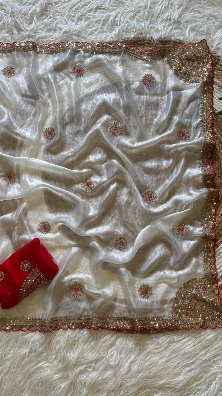 Captivating Wedding Wear Pure Silk Embroidery Sequence n Multi Thread Work Fancy Saree With Contrast Blouse Piece