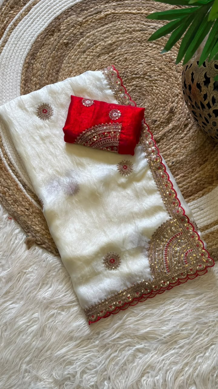 Captivating Wedding Wear Pure Silk Embroidery Sequence n Multi Thread Work Fancy Saree With Contrast Blouse Piece