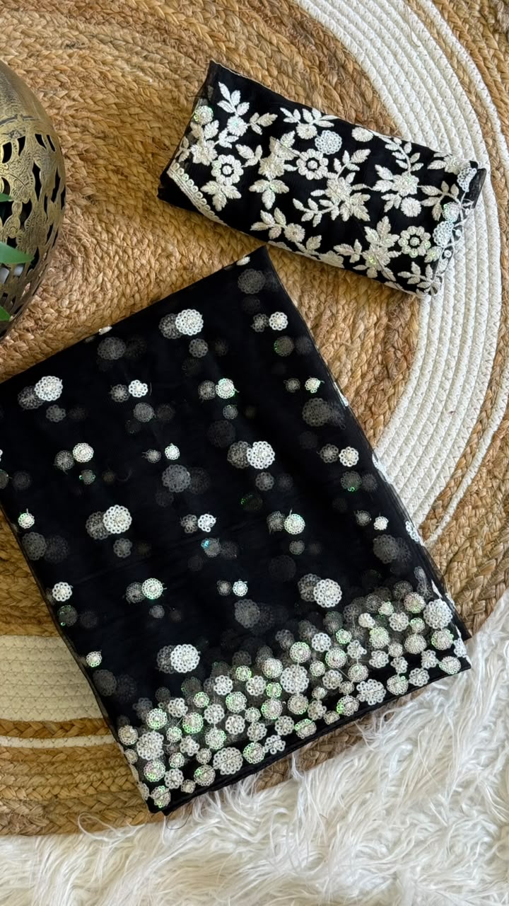 New Party Wear Black Color Net Embroidered Work Fancy Designer Saree With Blouse Piece