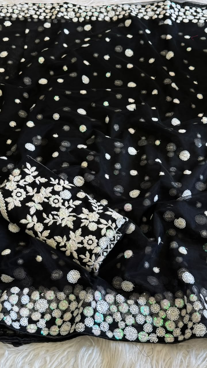 New Party Wear Black Color Net Embroidered Work Fancy Designer Saree With Blouse Piece