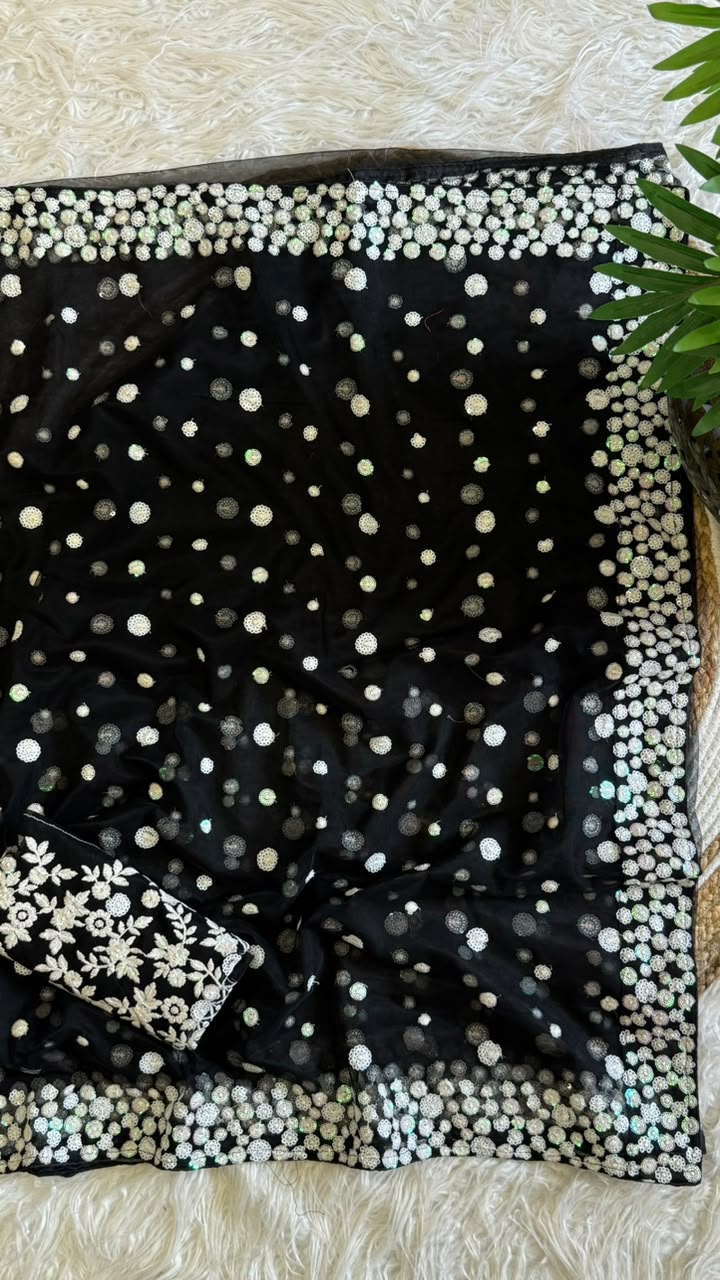 New Party Wear Black Color Net Embroidered Work Fancy Designer Saree With Blouse Piece