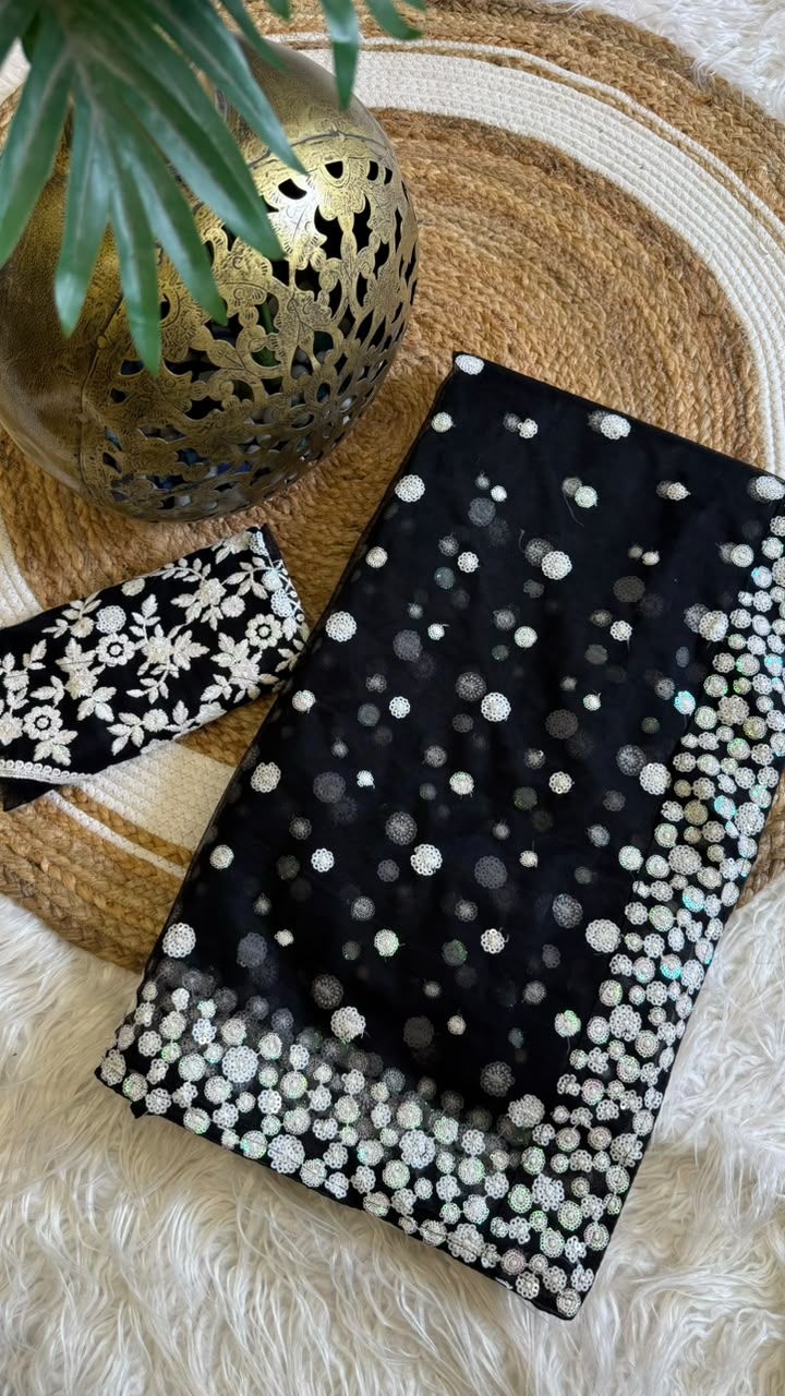 New Party Wear Black Color Net Embroidered Work Fancy Designer Saree With Blouse Piece