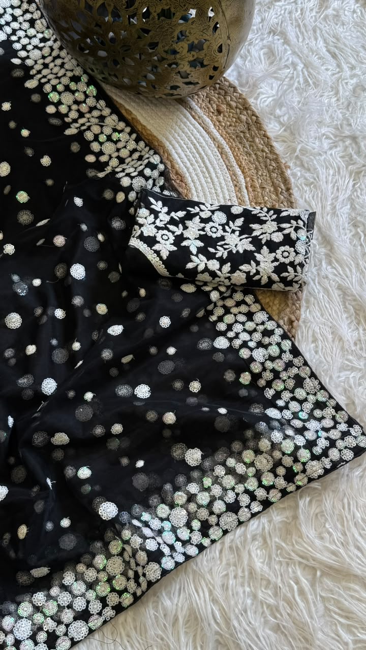 New Party Wear Black Color Net Embroidered Work Fancy Designer Saree With Blouse Piece