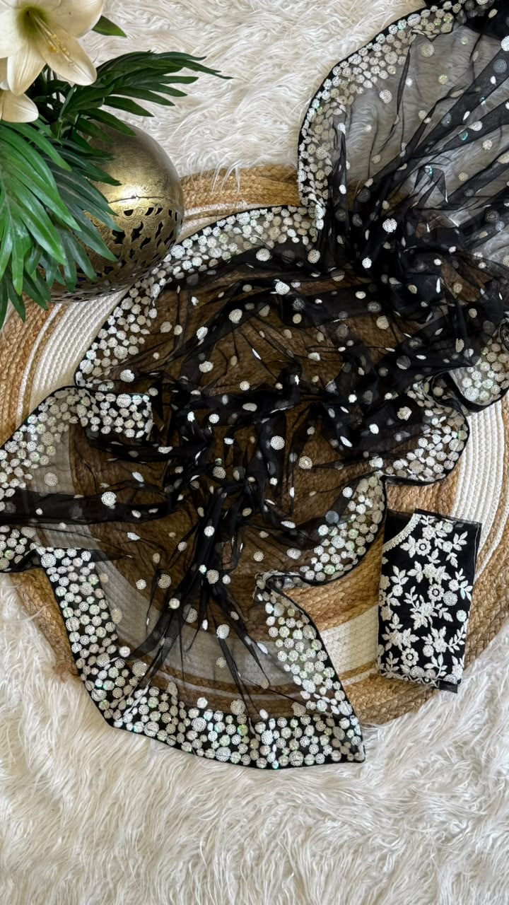 New Party Wear Black Color Net Embroidered Work Fancy Designer Saree With Blouse Piece