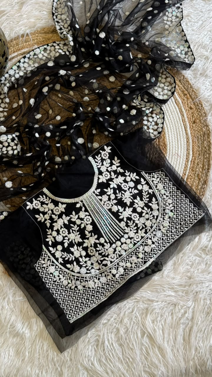 New Party Wear Black Color Net Embroidered Work Fancy Designer Saree With Blouse Piece