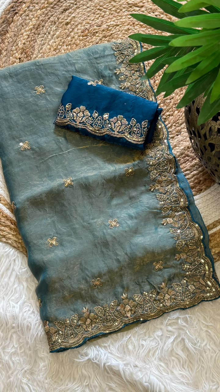 Imaginative Function Wear Silk Embroidery n Sequence Work Fancy Saree With Contrast Blouse Piece