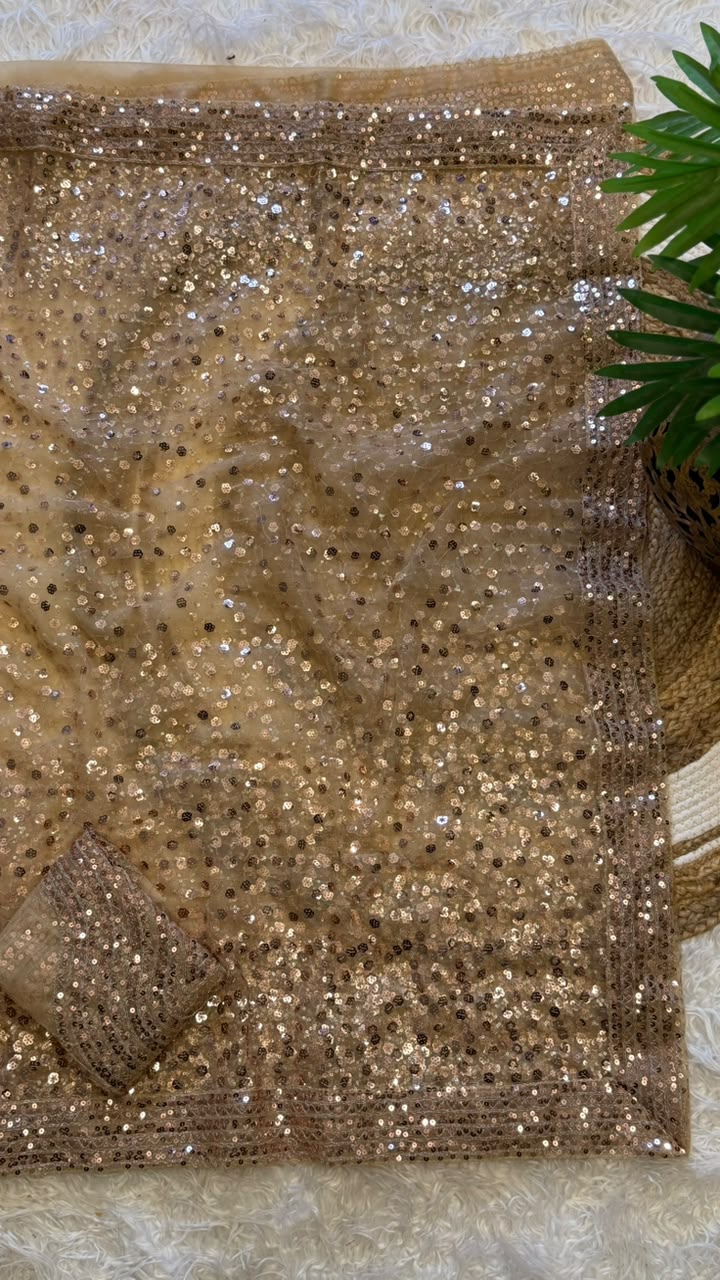 Entrancing Function Wear Mono net Embroidery Sequence n Zari Work Fancy Designer Saree With Blouse Piece