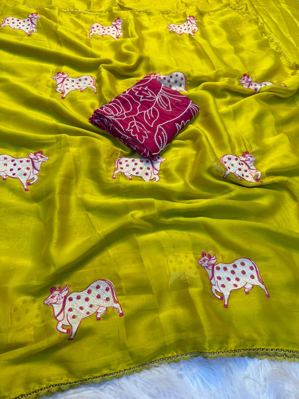 Adorning Party Wear Rangoli Silk Embroidery n Multi Thread Work Designer Saree With Contrast Blouse Piece
