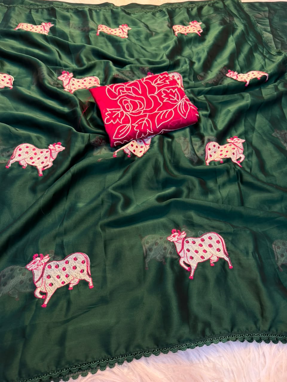 Adorning Party Wear Rangoli Silk Embroidery n Multi Thread Work Designer Saree With Contrast Blouse Piece