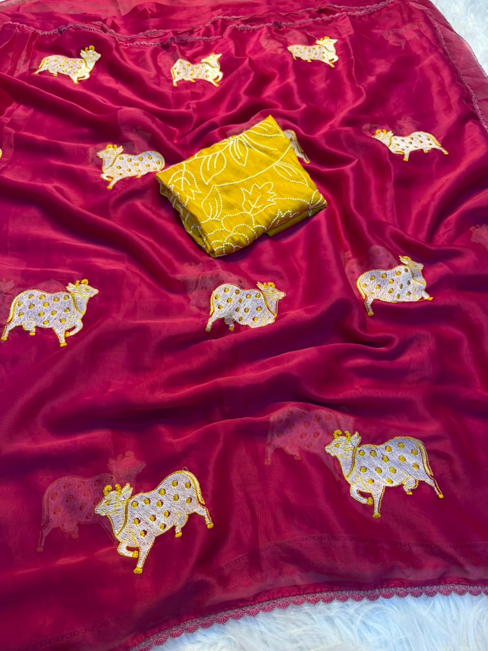 Adorning Party Wear Rangoli Silk Embroidery n Multi Thread Work Designer Saree With Contrast Blouse Piece