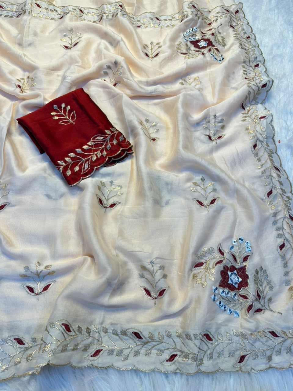 Stunning Wedding Wear Rangoli Silk Embroidery Work Designer Saree With Contrast Blouse Piece