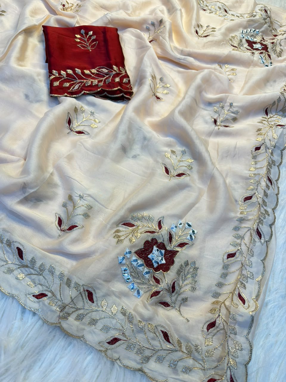 Stunning Wedding Wear Rangoli Silk Embroidery Work Designer Saree With Contrast Blouse Piece