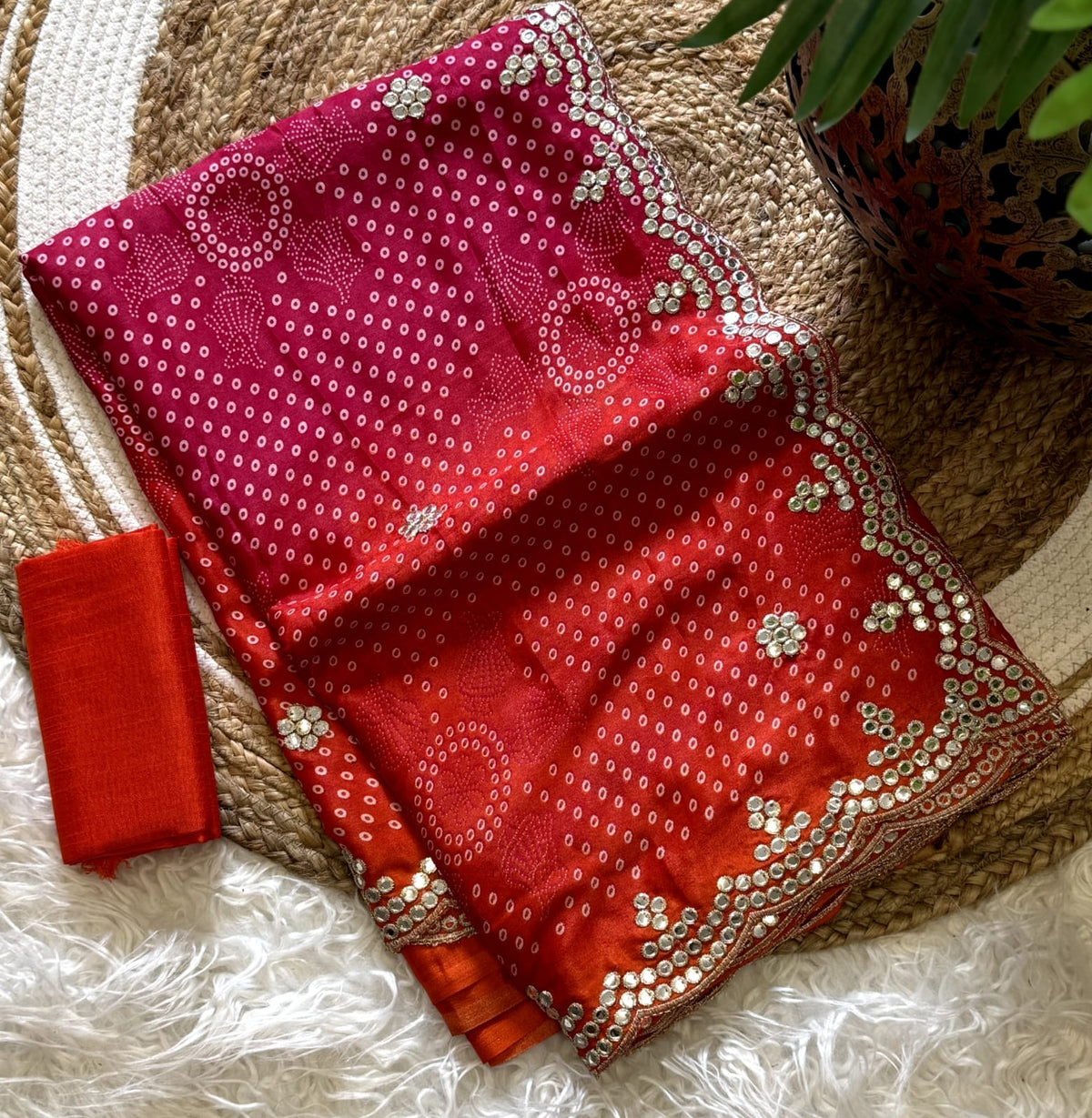 Desirable Party Wear Chinnon Silk n Foil Mirror Work Border Fancy Saree With Blouse Piece