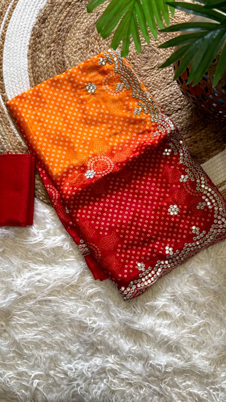 Desirable Party Wear Chinnon Silk n Foil Mirror Work Border Fancy Saree With Blouse Piece