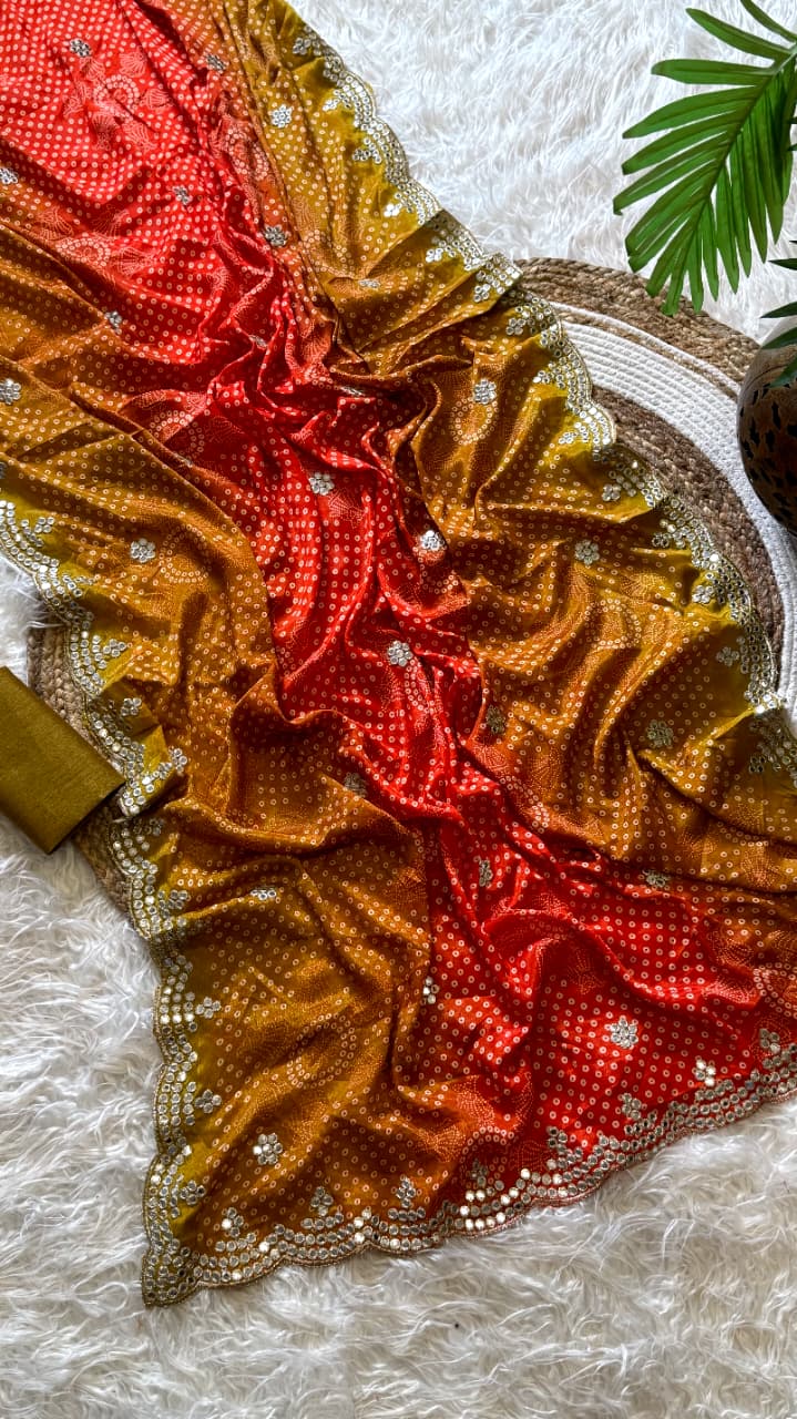 Desirable Party Wear Chinnon Silk n Foil Mirror Work Border Fancy Saree With Blouse Piece