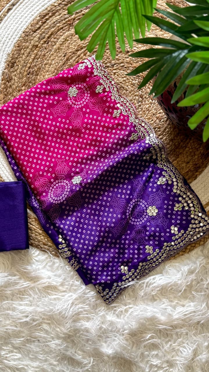 Desirable Party Wear Chinnon Silk n Foil Mirror Work Border Fancy Saree With Blouse Piece