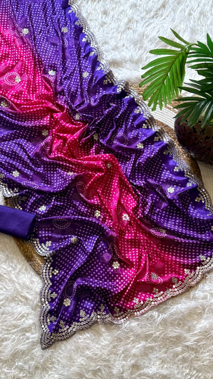Desirable Party Wear Chinnon Silk n Foil Mirror Work Border Fancy Saree With Blouse Piece