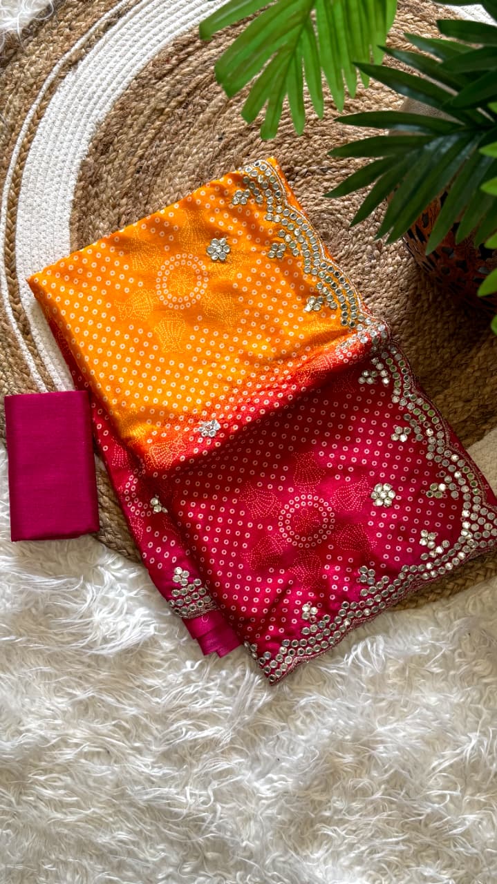 Desirable Party Wear Chinnon Silk n Foil Mirror Work Border Fancy Saree With Blouse Piece