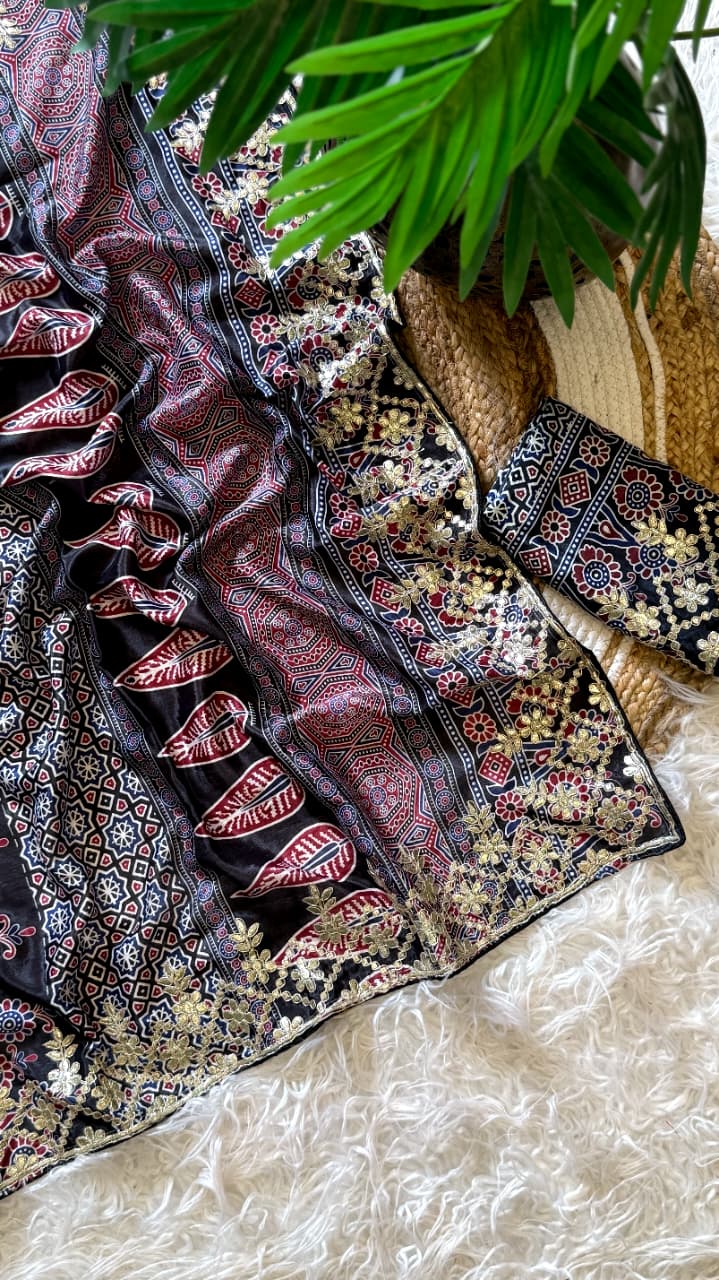 Attractive Wedding Wear Silk Print Embroidery Work Fancy Designer Saree With Blouse Piece