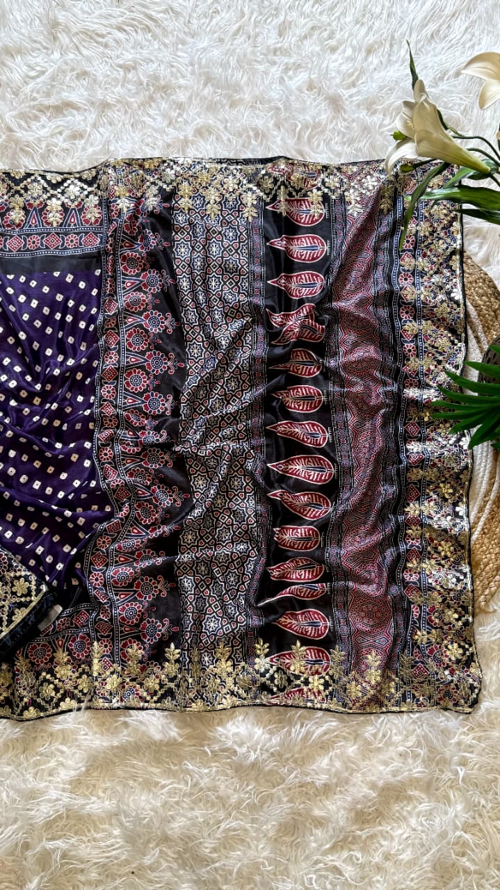 Attractive Wedding Wear Silk Print Embroidery Work Fancy Designer Saree With Blouse Piece