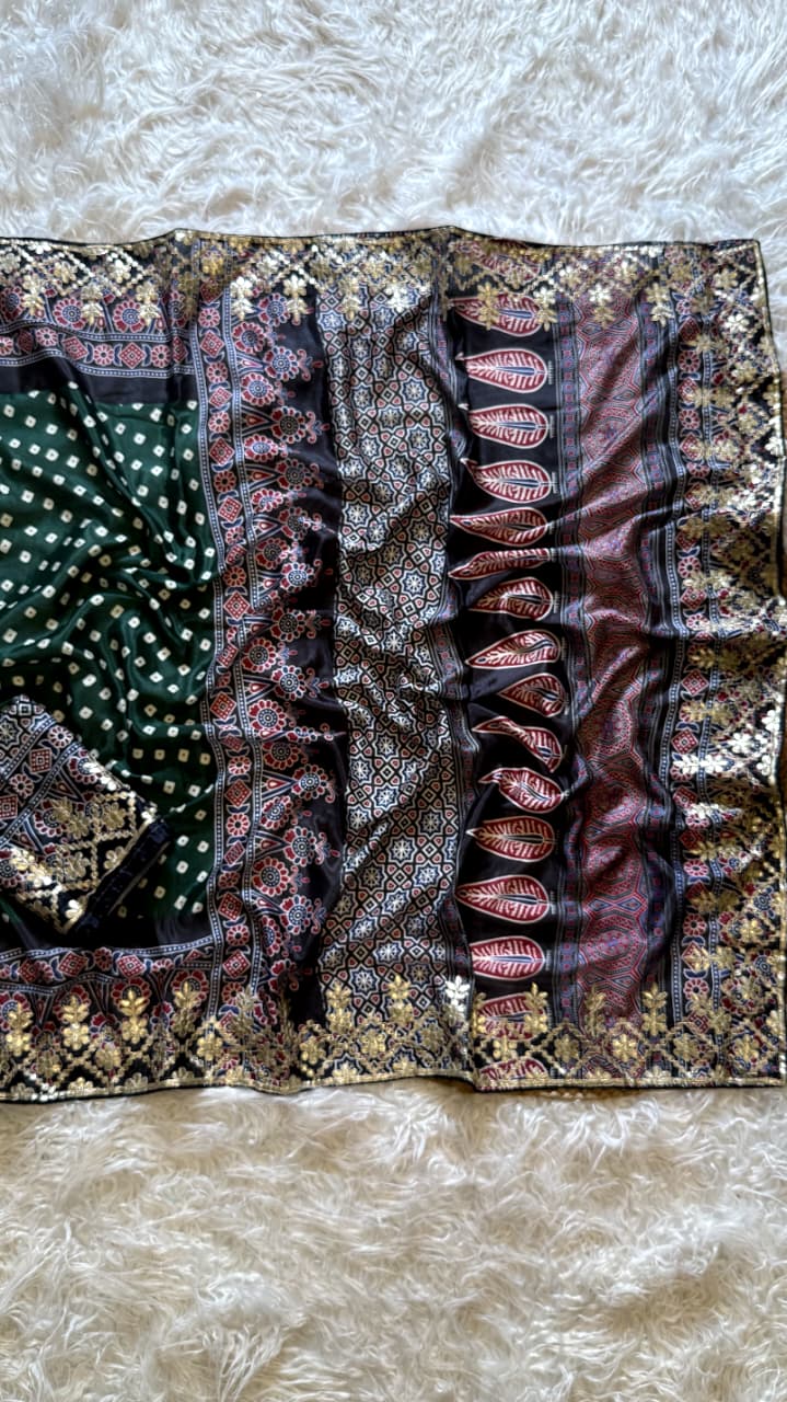 Attractive Wedding Wear Silk Print Embroidery Work Fancy Designer Saree With Blouse Piece