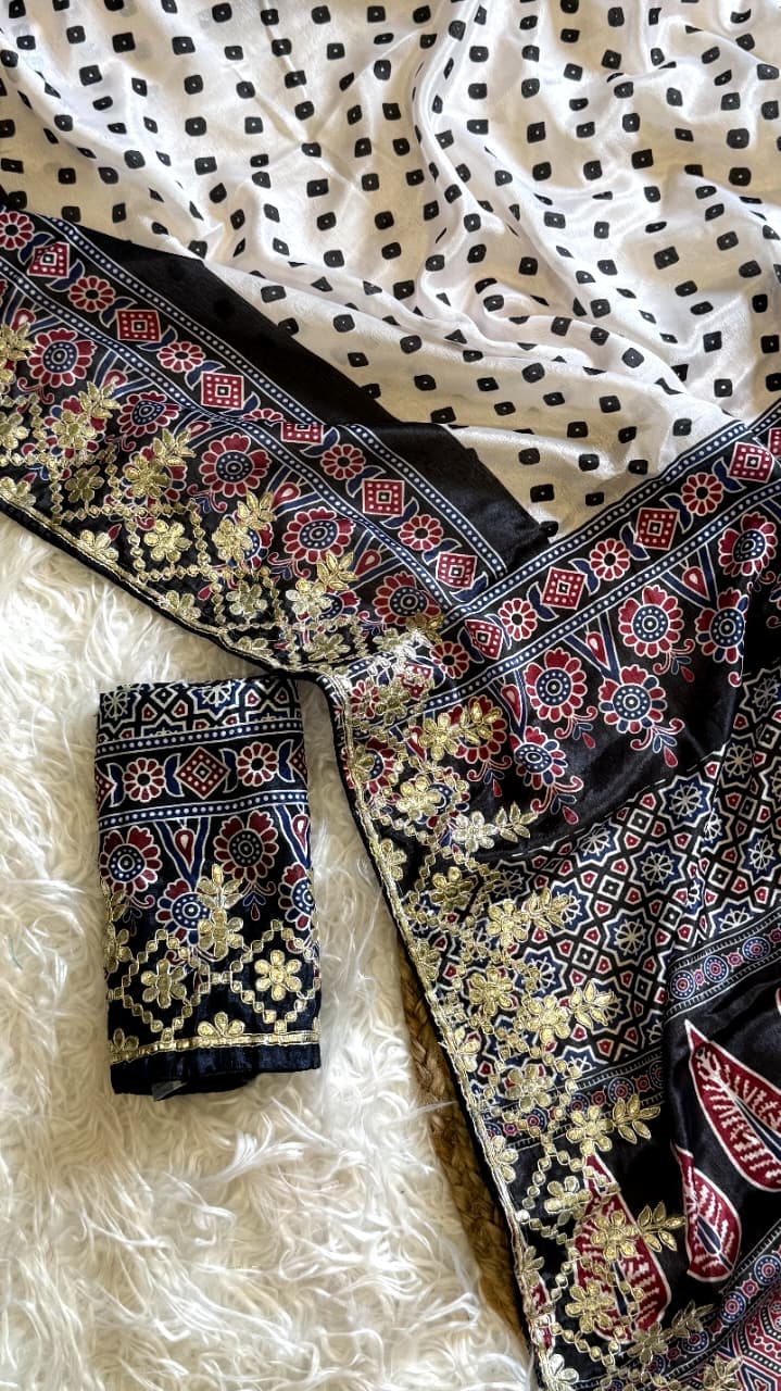 Attractive Wedding Wear Silk Print Embroidery Work Fancy Designer Saree With Blouse Piece