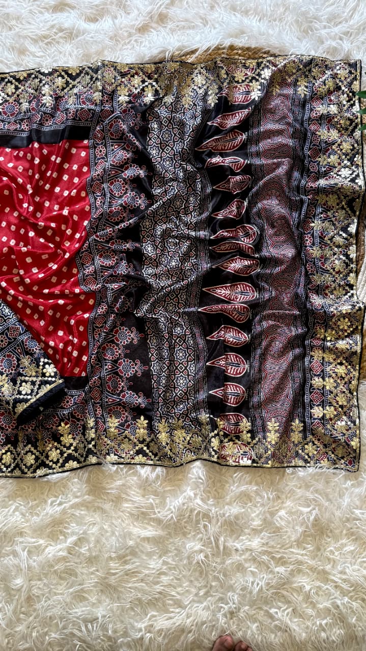Attractive Wedding Wear Silk Print Embroidery Work Fancy Designer Saree With Blouse Piece