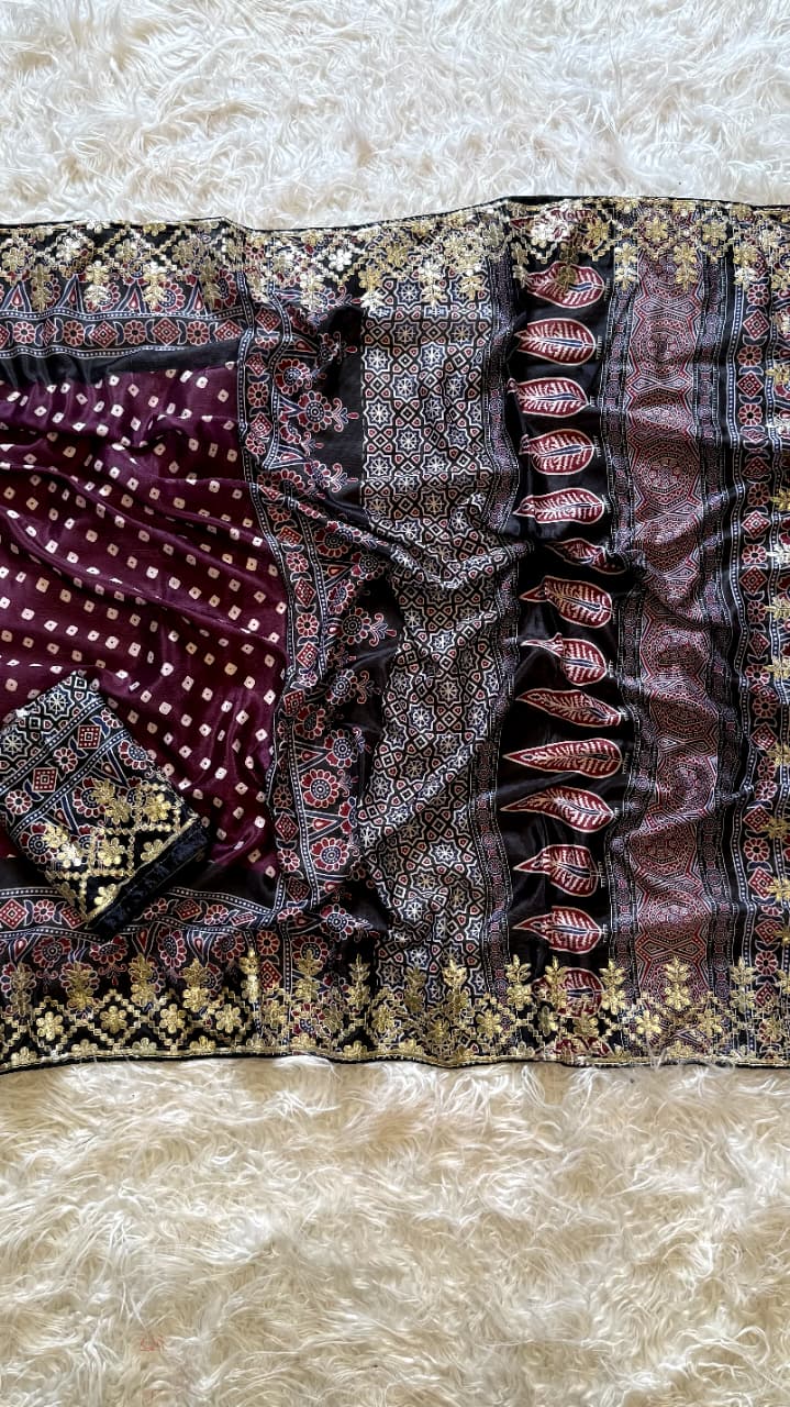 Attractive Wedding Wear Silk Print Embroidery Work Fancy Designer Saree With Blouse Piece