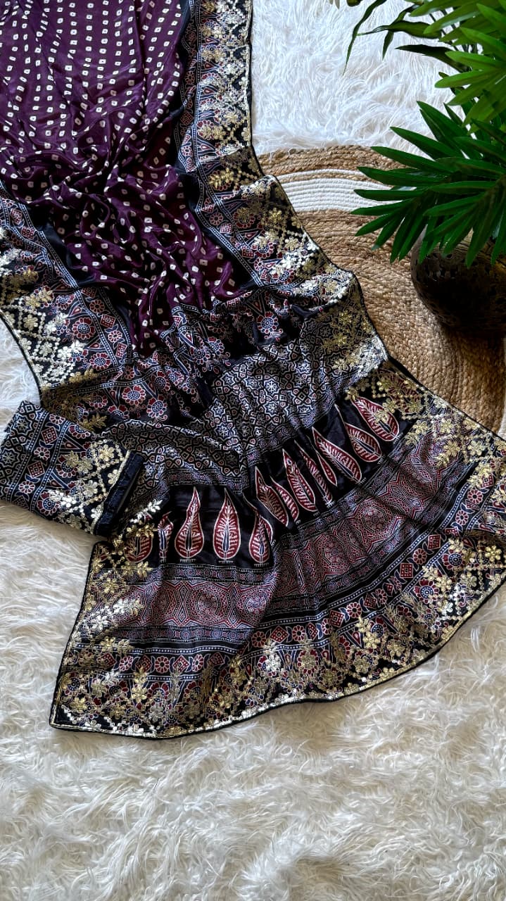 Attractive Wedding Wear Silk Print Embroidery Work Fancy Designer Saree With Blouse Piece