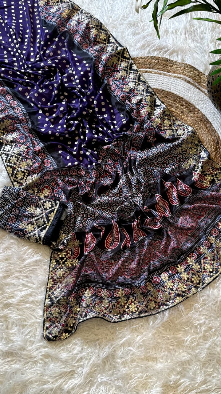 Attractive Wedding Wear Silk Print Embroidery Work Fancy Designer Saree With Blouse Piece