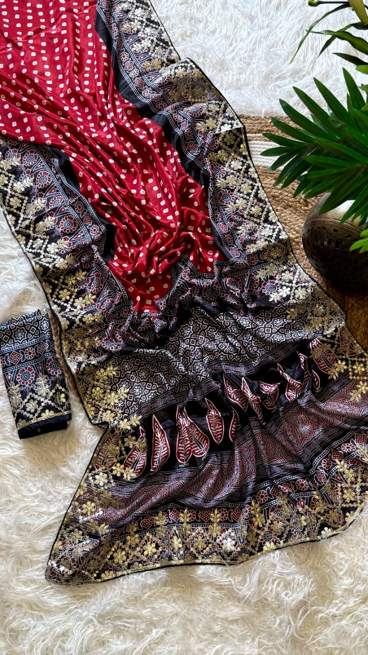 Attractive Wedding Wear Silk Print Embroidery Work Fancy Designer Saree With Blouse Piece